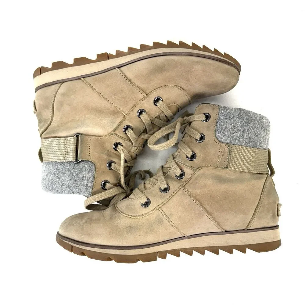 Womens Sorel Harlow Conquest Tan Leather WP Wedge Ankle Boots Size 9